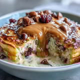 Steam rises from a single-serve Baked Protein Pancake Bowl, filled with blueberries and chocolate chips, ready for a high-protein breakfast or meal prep. 