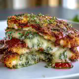 Freshly baked Pesto Chicken Parmesan garnished with basil leaves, served alongside spaghetti and garlic bread on a rustic table.