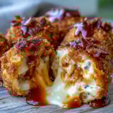Twelve crispy Buffalo Chicken Bacon Mozzarella Bombs arranged on a platter, oozing melted mozzarella and showcasing smoky bacon bits inside the golden crust.