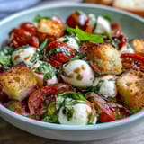 Freshly toasted ciabatta cubes add a crispy texture to this easy Italian Caprese Salad Bowl for serving.