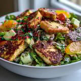 Golden-fried Halloumi Blood Orange Fattoush salad with fresh greens, ruby citrus, and crispy croutons.