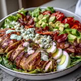 A vibrant Cobb Salad Bowl showcases grilled chicken, crispy bacon, creamy avocado, and blue cheese on fresh greens.
