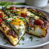 A golden spring veggie frittata with tender asparagus, creamy goat cheese, and fresh herbs, ready for a sunny brunch table.