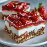 Bright pink strawberry lemonade bars with buttery shortbread crust, dusted with powdered sugar, perfect for summer parties and picnics.