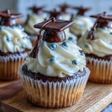 Adorable graduation cupcakes topped with edible chocolate caps and candy tassels for a festive dessert table.