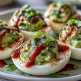 Vibrant green avocado filling replaces mayo in these deviled eggs, finished with a bold Sriracha kick.