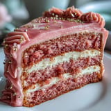 Luscious rosé velvet cake, sumptuously frosted, boasting an elegant edible gold drip.