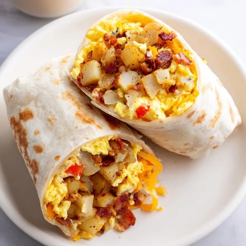 Golden, fully-loaded Breakfast Burrito, delicious ingredients wrapped in a warm flour tortilla.