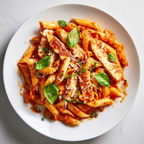 A close-up of a hearty spicy tomato chicken pasta plate, garnished with fresh basil and grated Parmesan cheese.  