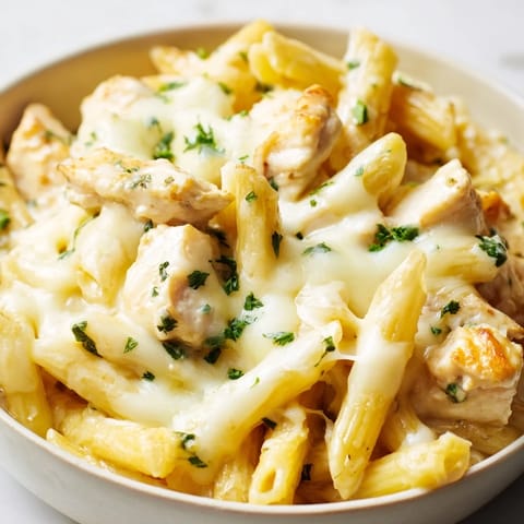 A warm serving of Chicken Ranch Pasta Bake with fresh chives, revealing creamy ranch sauce and melted mozzarella over baked chicken and penne.