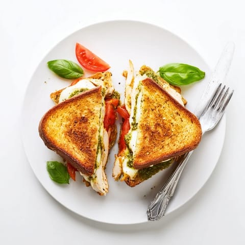 Fresh basil leaves and tomato slices garnish the Mozzarella Pesto Chicken Grilled Cheese, served warm alongside a dipping bowl of extra pesto.