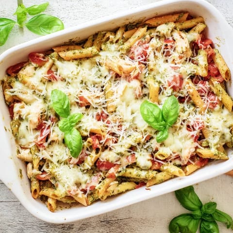 Golden baked pasta casserole with tender chicken pieces and vibrant green pesto on a rustic wooden table.