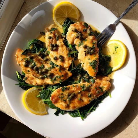 Pan-seared Spinach Lemon Butter Chicken served over tender spinach, garnished with fresh parsley and bright lemon slices for a fresh look.