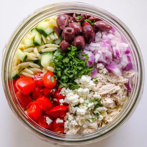 Shaken Greek Pasta Chicken Salad Jar in a meal prep container, with vibrant red onions, Kalamata olives, and fresh parsley on top.  