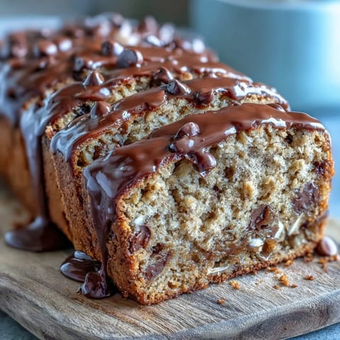 A slice of warm Chocolate Chip Peanut Butter Oatmeal Banana Bread, showcasing moist crumb and melted chocolate chips on a rustic wooden board.