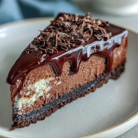 A slice of lighter chocolate cottage cheese cheesecake with a rich, fudgy texture and dark chocolate shavings on top.  
