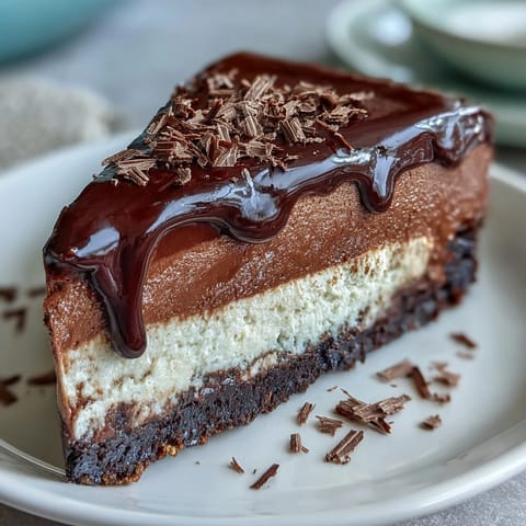 Glossy, set chocolate cottage cheese cheesecake topped with a dollop of Greek yogurt and fresh berries on a white plate.  