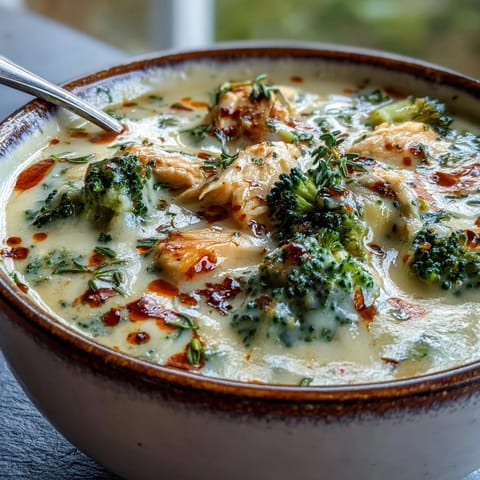 Creamy Chicken Broccoli Cheddar Soup simmering in a pot, with tender chunks of chicken and bright green broccoli florets in a velvety orange broth.