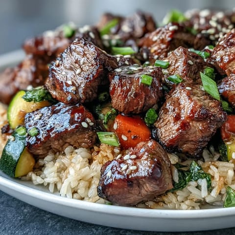 A close-up shows fluffy, slightly crispy fried rice mixed with tender steak, sautéed mushrooms, and fresh green onions for a savory Japanese-American weeknight meal.