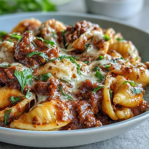 Savory One Pot Beef and Shells simmered in a creamy, cheesy sauce—perfect for an easy weeknight dinner.  