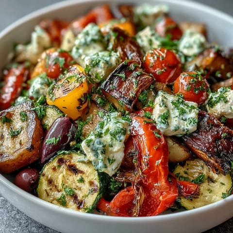 Roasted Greek Salad on a platter, featuring caramelized bell peppers, zucchini, and tomatoes tossed with feta and olives.