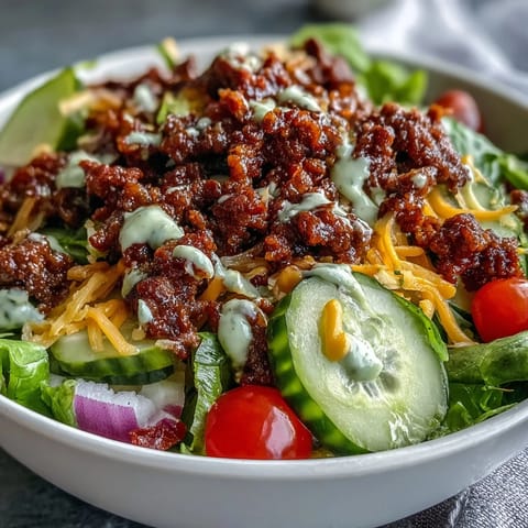 A close-up of Easy Big Mac in a Bowl features seasoned ground beef, crisp romaine, and melted cheddar in a white ceramic bowl.