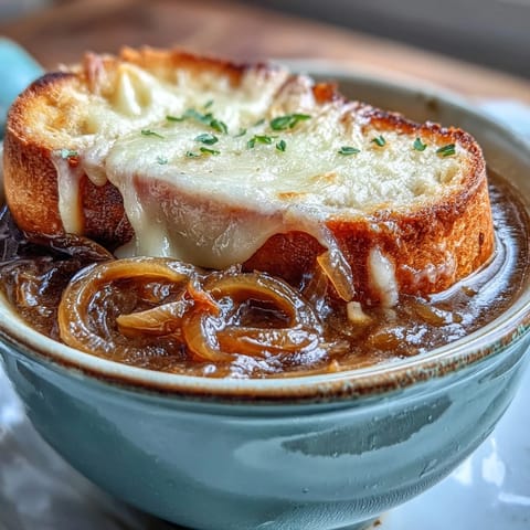 Freshly broiled Classic French Onion Soup with bubbly golden cheese melts into the rich, savory broth beneath.