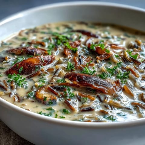 Ladled Wild Rice Mushroom Soup with earthy mushrooms and herbs served with crusty bread.