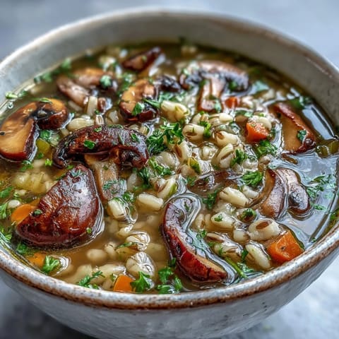 Steaming bowl of hearty mushroom barley soup, a classic American deli-style favorite. Loaded with vegetables and served with crusty rye bread on the side.