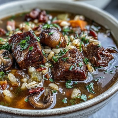 A warm bowl of Beef and Barley Soup with Mushrooms, showcasing tender beef and sautéed baby bellas.