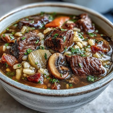 Steaming Beef and Barley Soup with Mushrooms ladled into a rustic ceramic bowl, topped with fresh parsley.
