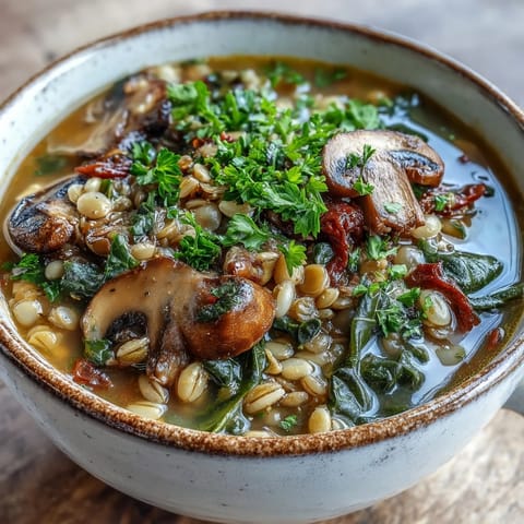 A hearty bowl of Double Lentil and Mushroom Barley Soup served hot with crusty artisan bread.