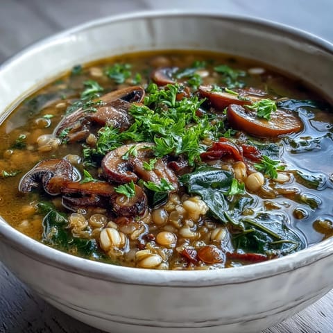 Thick, steaming Double Lentil and Mushroom Barley Soup in a rustic bowl, topped with fresh parsley.