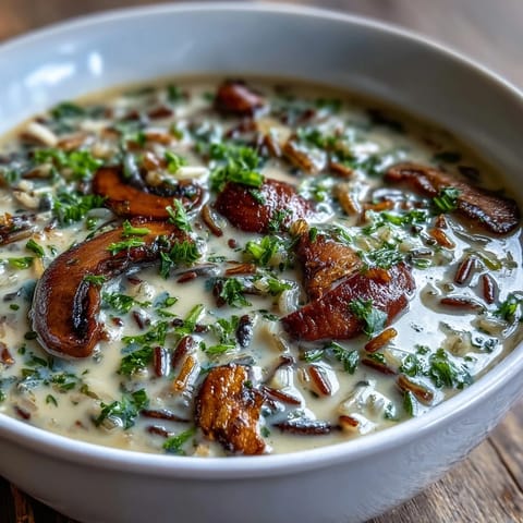 Creamy Wild Rice Mushroom Soup steaming in a rustic bowl, garnished with fresh parsley.