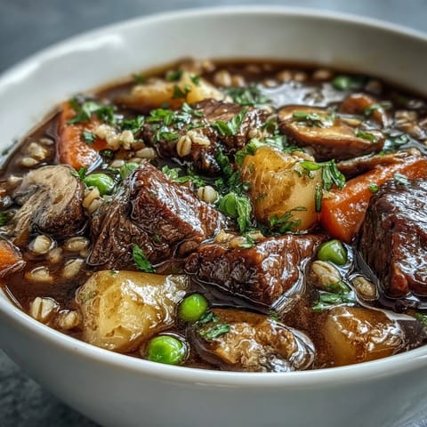 Steaming bowls of homemade Beef and Barley Soup with tender beef cubes, carrots, and fresh parsley garnish.