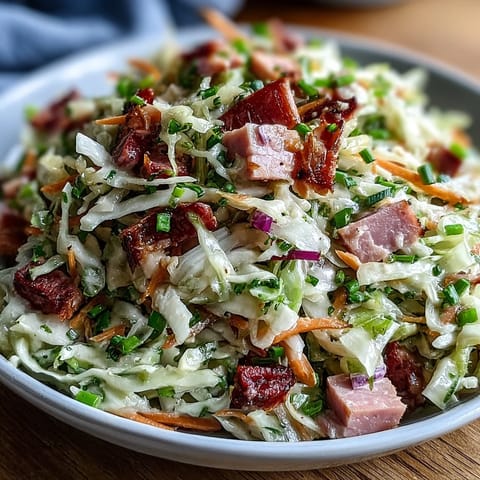 A close-up of German Coleslaw tossed in a tangy apple cider vinegar dressing with visible caraway seeds and parsley garnish.
