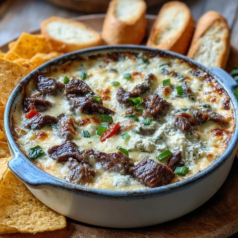 Tender shaved ribeye, sautéed peppers and onions in a creamy Philly Cheesesteak Dip, paired with crunchy tortilla chips for dipping.