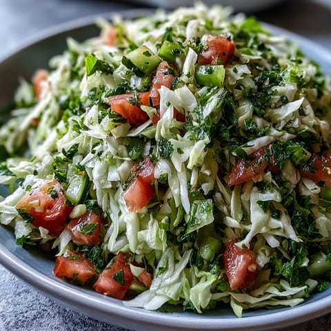 Freshly chopped Lebanese Cabbage Salad with bright parsley, mint, diced tomatoes, and cucumber tossed in a zesty lemon dressing.