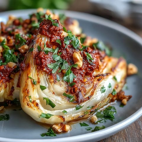 Golden roasted cabbage wedges drizzled with rich, nutty winter romesco sauce on a platter.