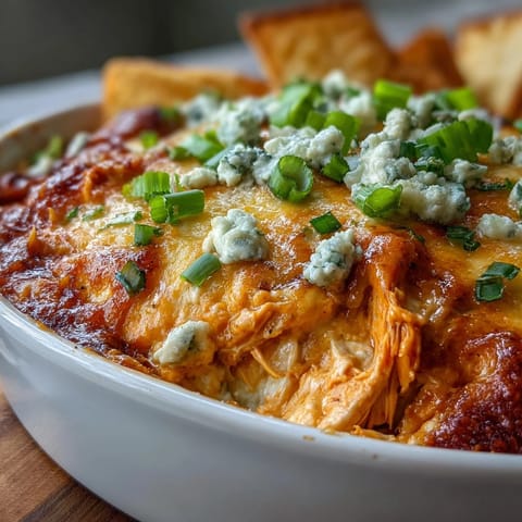 Creamy, spicy Buffalo Chicken Dip served warm in a baking dish, garnished with green onions alongside crunchy celery sticks and carrot sticks.