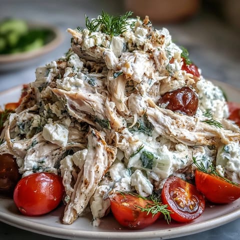 Creamy Tzatziki Chicken Salad features shredded chicken and crisp cucumber in a refreshing Greek yogurt sauce.