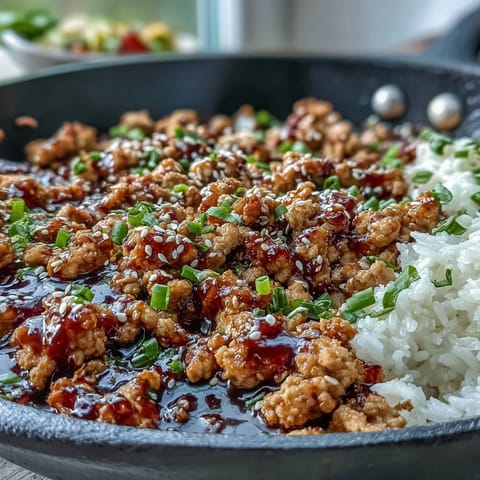 Korean-Style Ground Turkey sizzles in a skillet with a glossy, spicy-sweet sauce, ready to serve over steamed rice.