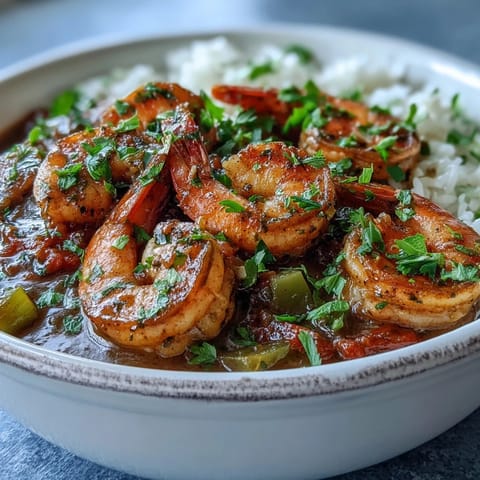 A hearty spoonful of Classic New Orleans Étouffée reveals tender shrimp in a dark roux over rice.