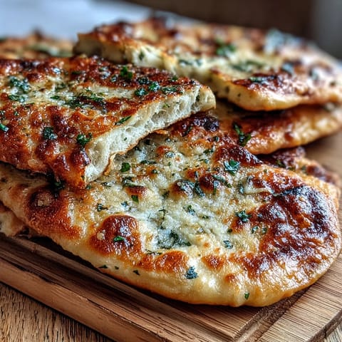Golden-brown The Best Easy Garlic Naan Bread fresh from a hot skillet, showcasing bubbly textures and brushed with melted garlic butter.