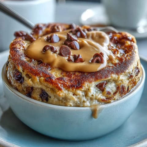 Freshly baked Baked Protein Pancake Bowl with golden edges and fluffy texture, topped with peanut butter and maple syrup, served in a ceramic ramekin. 