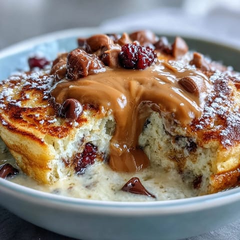 Steam rises from a single-serve Baked Protein Pancake Bowl, filled with blueberries and chocolate chips, ready for a high-protein breakfast or meal prep. 