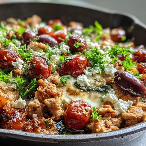Golden Mediterranean Keto Ground Chicken Skillet with olives and feta served over greens.