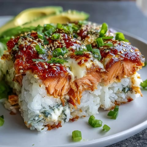 Golden-baked Spicy Salmon Sushi Bake fresh from the oven, with melted cheese and sesame seeds on a bed of seasoned rice.