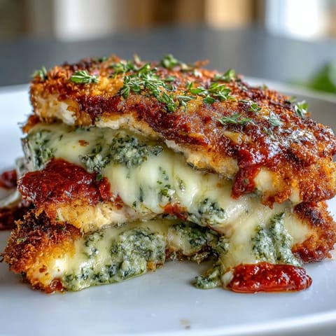 Freshly baked Pesto Chicken Parmesan garnished with basil leaves, served alongside spaghetti and garlic bread on a rustic table.