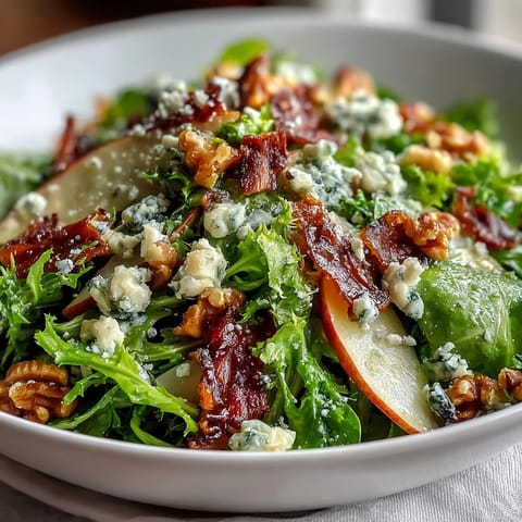 The finished Frisée Pear Blue Cheese Bowl salad with bitter greens, sweet fruit, tangy cheese, and savory crispy meat.